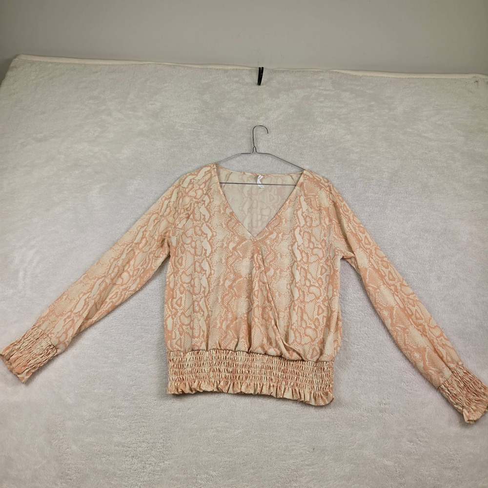 Grayson Threads Womens Peach Snakeskin Print Smocked Peplum Blouse Small